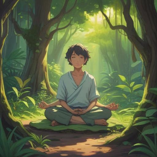 A serene illustration depicting a peaceful person meditating in nature, surrounded by lush greenery and gentle sunlight filtering through trees, a sense of calm and contentment radiating from the figure, subtle aura representing spiritual growth and enlightenment, tranquil atmosphere, harmonious connection with nature, 4k