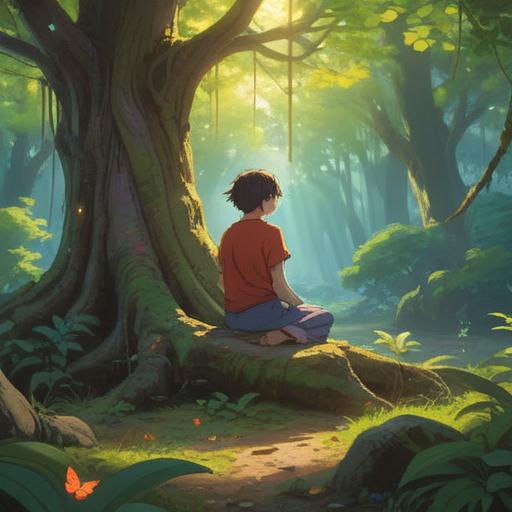 A serene, calming landscape, a figure meditating under a large ancient tree, gentle sunlight filtering through leaves, ethereal glow surrounding the figure, symbols of peace and clarity in the air, soft flowing water in the background, vibrant yet soothing colors, mystical aura, harmonious atmosphere, 4k