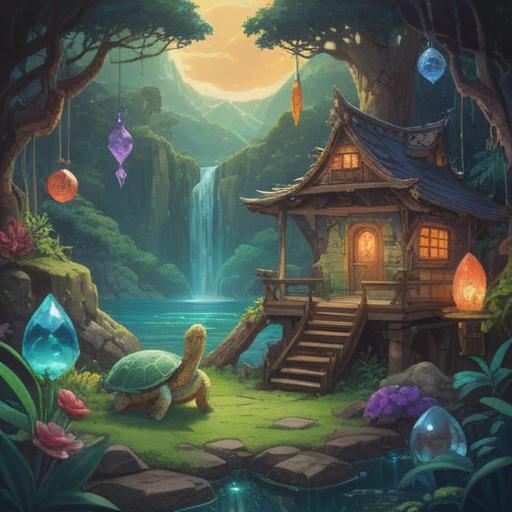 A serene and calming scene depicting a collection of spiritual lucky items, such as clear quartz crystals, calming beads, and a friendly turtle figurine, surrounded by lush greenery and soft sunlight filtering through the leaves, evoking a sense of peace and contentment, harmonious arrangement, gentle colors, tranquil atmosphere, 4k