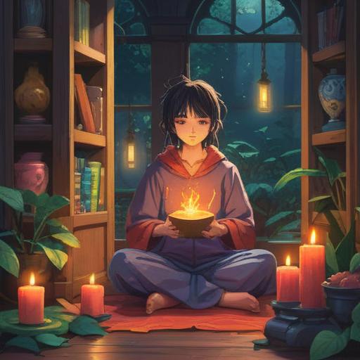 A serene scene depicting the use of spiritual items for inner peace, featuring a tranquil meditation space, soft glowing candles, natural elements like crystals and incense, a person meditating peacefully with a calm expression, surrounded by lush greenery, gentle sunlight filtering through trees, harmony and balance, 4k