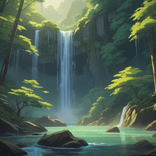 A serene landscape of Yoro Waterfall, surrounded by lush greenery, mystical aura, soft sunlight filtering through trees, tranquil atmosphere, symbolizing spiritual renewal and harmony, gentle water flow, ancient traditions, 4k