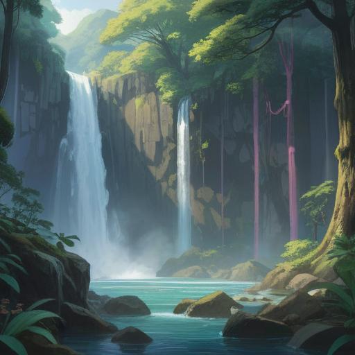A serene landscape of Yoro Falls, mystical aura, vibrant nature surrounding the waterfall, gentle mist rising, sunlight filtering through trees, a sense of tranquility, spiritual symbols in the air, peaceful atmosphere, harmonious energy, vivid colors, 4k