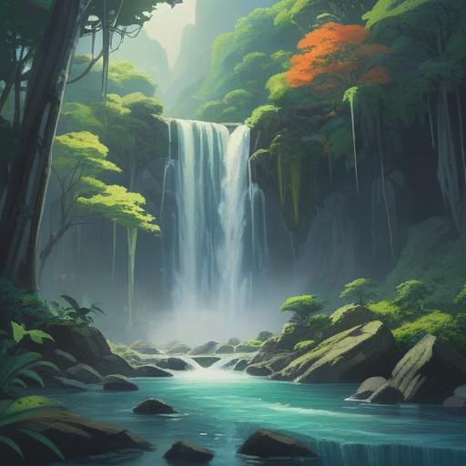 A serene landscape of Yoro Falls, spiritual symbols subtly integrated into the scenery, lush greenery surrounding the waterfall, ethereal mist rising, tranquil atmosphere, vibrant colors reflecting nature's beauty, visitors observing the signs, peaceful energy permeating the scene, 4k