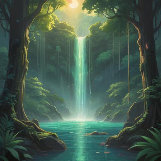 A mystical illustration of a serene waterfall, surrounded by lush greenery, glowing orbs of light, symbols of transformation, spiritual energy flowing through the scene, lucky charms prominently featured, ethereal atmosphere, peaceful ambiance, vibrant colors, 4k