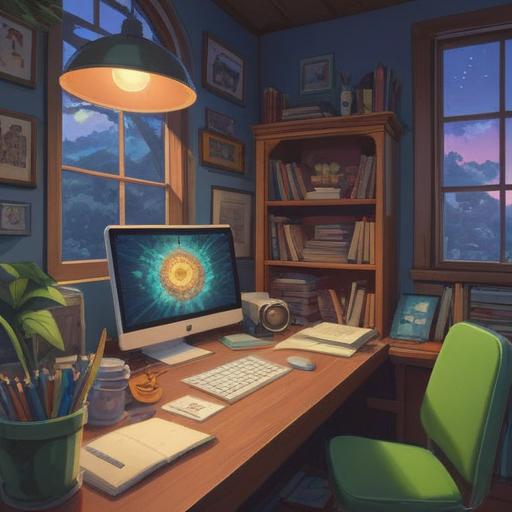 A serene and organized workspace, a clutter-free desk with neatly stacked papers, a glowing laptop screen displaying a summary, soft natural light streaming through a window, high plants in the background, inviting atmosphere, calm and focused vibe, 4k