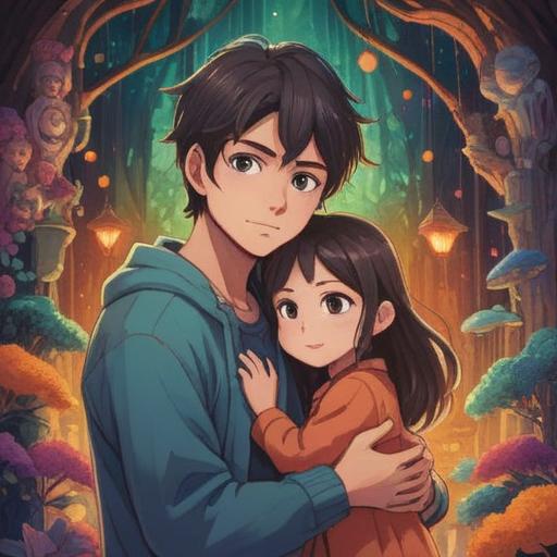 A spiritual illustration depicting the concept of adoption, a warm and loving embrace between an adult and a child, symbols of family and unity surrounding them, soft golden light illuminating their faces, serene and peaceful expression, nature elements representing growth and connection, delicate details emphasizing the emotional bond, harmonious and uplifting atmosphere, 4k