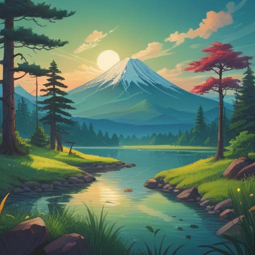A serene landscape featuring Mount Yotei, symbolic of spiritual awakening, lush green foothills, tranquil lake reflecting the mountain, a clear blue sky, gentle clouds, scattered wildflowers in the foreground, an ethereal aura surrounding the peak, mystical light illuminating the scene, 4k