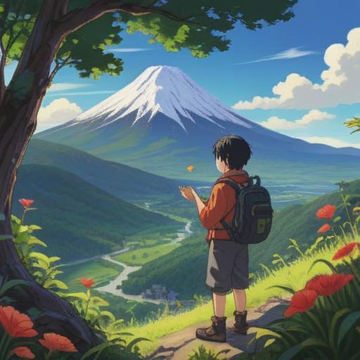 A picturesque mountain scene featuring Mt. Yotei in the background, a person joyfully holding a lucky charm, vibrant greenery surrounding them, a clear blue sky, warm sunlight illuminating the landscape, an atmosphere of happiness and tranquility, nature's beauty accentuated, 4k