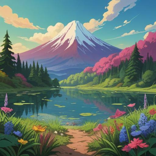 A breathtaking landscape inspired by the nature of Mount Yotei, lush green forests, serene lake reflecting the mountain, vibrant wildflowers in the foreground, clear blue sky with fluffy clouds, tranquil atmosphere, intricate details of flora and fauna, 4k