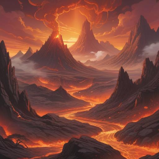 A mystical landscape featuring flowing lava, vibrant orange and red hues, representing transformation and renewal, surrounded by ancient volcanic mountains, ethereal steam rising into the air, a serene atmosphere blending fire and earth elements, symbolic of strength and rebirth, 4k