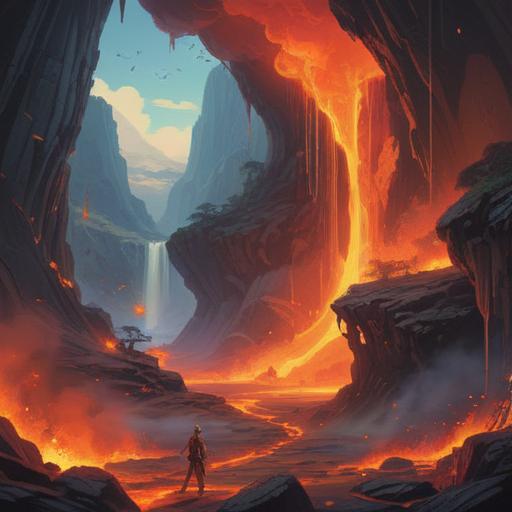 A mystical landscape featuring flowing lava, vibrant orange and red colors, spiritual symbols emerging from the steam, serene atmosphere, wise-looking guardian spirit overseeing the scene, rocky terrain illuminated by the glow of molten rock, harmony between nature and spiritual essence, 4k