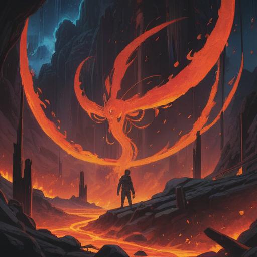 A vivid interpretation of spiritual signs to heed when surrounded by lava, glowing embers reflecting in the surroundings, mystical symbols in the air, an ethereal light illuminating the scene, contrasting textures of molten rock and spiritual energy, a serene figure meditating at the edge of the lava flow, 4k resolution