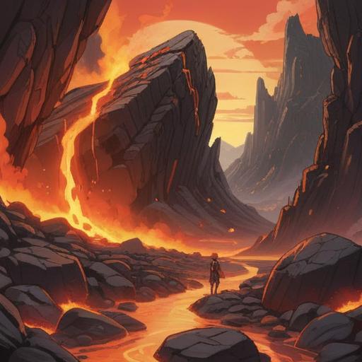 A vibrant illustration of a lucky stone surrounded by flowing lava, glowing orange and yellow hues, volcanic rocks and smoke in the background, intricate details on the stone reflecting ancient symbols, a mystical atmosphere, emphasizing the connection between the stone and the fiery landscape, 4k