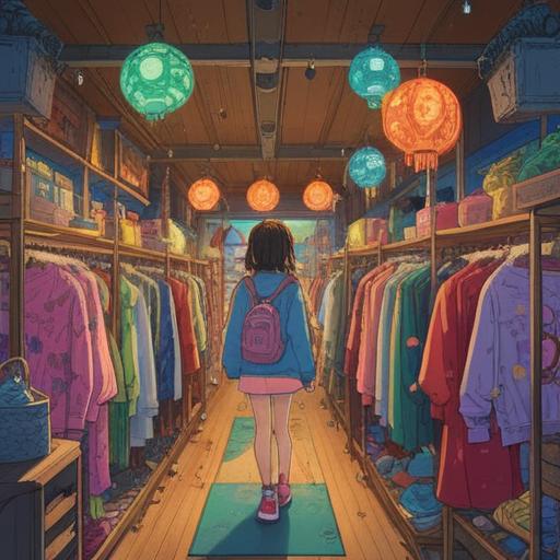 A whimsical illustration of a person discovering lucky items in a vibrant clothing store, colorful clothes hanging on the racks, sparkling lucky charms scattered around, an expression of excitement and surprise on the character's face, warm and inviting atmosphere, detailed background filled with fashion accessories, sense of curiosity, 4k