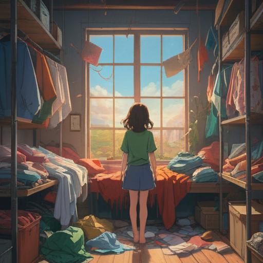 A serene and minimalist scene depicting a person surrounded by a pile of clothes, symbolic of letting go, soft sunlight filtering through a window, a calm and reflective atmosphere, a sense of liberation and spiritual awakening, gentle colors, harmonious composition, focused on the emotional release associated with decluttering, 4k