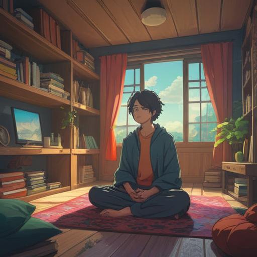 A serene and minimalist room, clothing neatly arranged in piles, a sense of calm and clarity, a person meditating amidst the clothes, soft natural light illuminating the space, symbols of spiritual growth around, peaceful atmosphere, harmony and balance, 4k