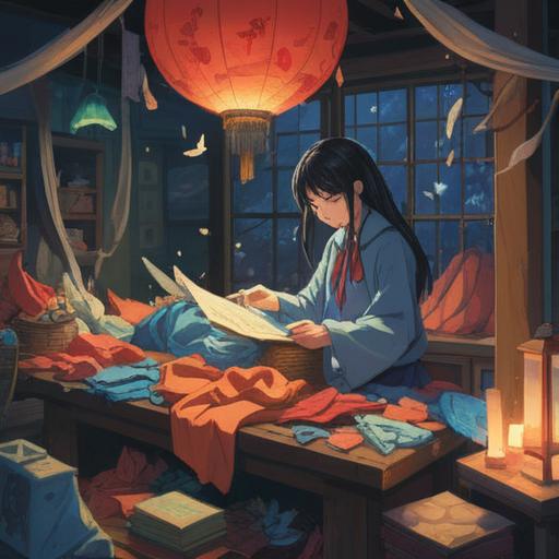 A serene and calming scene depicting a person sorting through clothes, surrounded by gentle light, represented spiritual symbols like feathers and butterflies, an aura of transformation, a peaceful atmosphere, introspective mood, 4k