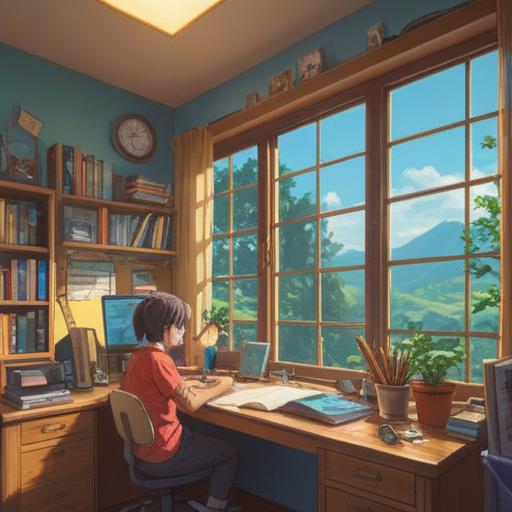 A serene morning scene, a young person starting their day with a smile, sunlight streaming through the window, a neatly organized workspace filled with plants, cozy atmosphere, self-care routines, journaling and meditation, vibrant energy, inviting and uplifting, 4k