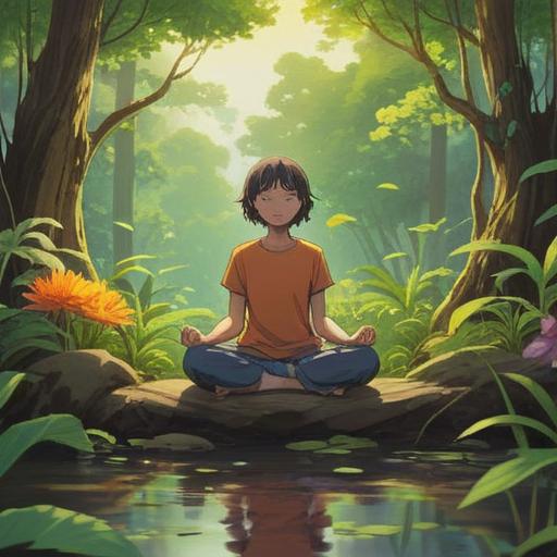 A serene scene depicting various practical methods to boost personal energy, a person meditating in a peaceful environment surrounded by nature, vibrant sunlight filtering through trees, healthy food nearby, a water fountain representing refreshment, an open journal showcasing mindfulness practices, uplifting and inspiring atmosphere, harmonious colors, soft focus, 4k