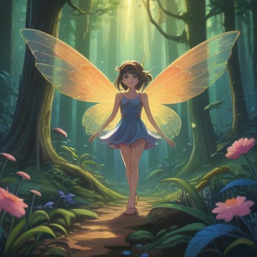 A serene forest scene, glowing fairy hovering near a flower, gentle light illuminating the surroundings, soft ethereal colors, mystical atmosphere, soothing presence of nature, calm expression on the observer's face, symbols of hope and spirituality, deep connection with nature, 4k