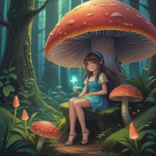 A mystical forest scene, a fairy sitting on a glowing mushroom, ethereal light illuminating the surroundings, shimmering sparkles in the air, subtle symbols and signs present in the foliage, a sense of wonder and spirituality, intricate details in nature, vibrant colors, enchanting atmosphere, otherworldly presence, 4k