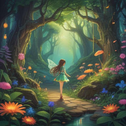 A whimsical scene of a fairy interacting with a lucky charm, enchanting forest background, soft glowing light, vibrant flowers, magical atmosphere, sparkling dust, a sense of wonder, detailed character features, dreamlike setting, 4k