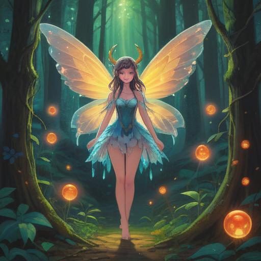 A mystical illustration of a fairy spirit, ethereal light illuminating the surrounding forest, delicate wings shimmering, surrounded by glowing orbs, representing spiritual energy, intricate details of flora, a sense of harmony and tranquility, conveying the connection between nature and the spiritual world, 4k