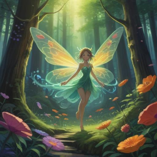 A serene illustration of a fairy spirit hovering gracefully above a glowing forest glade, ethereal light surrounding it, vibrant flowers blooming, gentle stream flowing nearby, magical aura radiating from the spirit, symbolizing guidance and positive signs, enchanting atmosphere, harmonious nature, intricate details, 4k