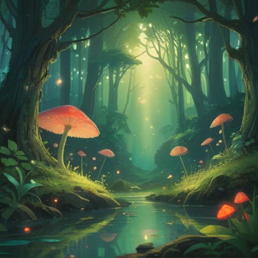 A serene landscape depicting fairies in a lush green forest, soft glowing lights surrounding them, ethereal atmosphere, gentle breeze rustling the leaves, vibrant flowers blooming, a sense of peace and harmony in the air, mystical creatures interacting joyfully, warmth and positivity radiating, spiritual symbols subtly integrated in the surroundings, 4k