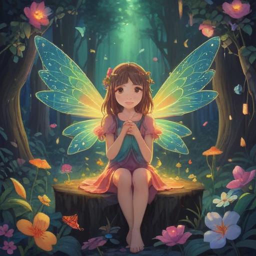 A magical moment captured in a serene forest, a tiny fairy with glimmering wings, surrounded by sparkling lights and vibrant flowers, a shimmering lucky charm glowing softly in her hands, enchanting aura, whimsical atmosphere, detailed foliage, ethereal beauty, inviting scene, 4k