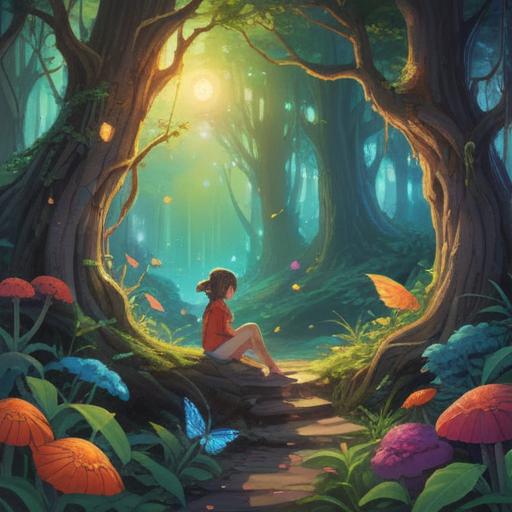 A whimsical scene of a fairy and a person sharing a moment of connection, vibrant colors, enchanting forest backdrop, glowing magical elements surrounding them, ethereal light illuminating their surroundings, expressions of joy and understanding, nature’s beauty emphasized, 4k
