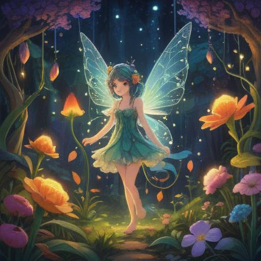 A whimsical illustration of a fairy-like figure emerging from a blooming garden, surrounded by sparkling lights and vibrant flowers, embodying the essence of good fortune, with soft, radiant colors, enchanting atmosphere, detailed foliage, magical energy, inviting serenity, 4k