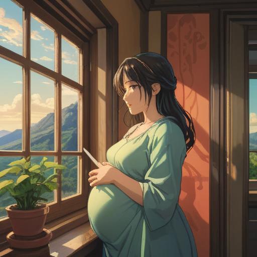 A serene and contemplative scene, a pregnant woman gazing out of a window, soft sunlight streaming in, a sense of anticipation and patience, symbolic representations of time and growth, spiritual elements like ethereal light and faint orbs, nature outside blooming, calm and reassuring atmosphere, 4k