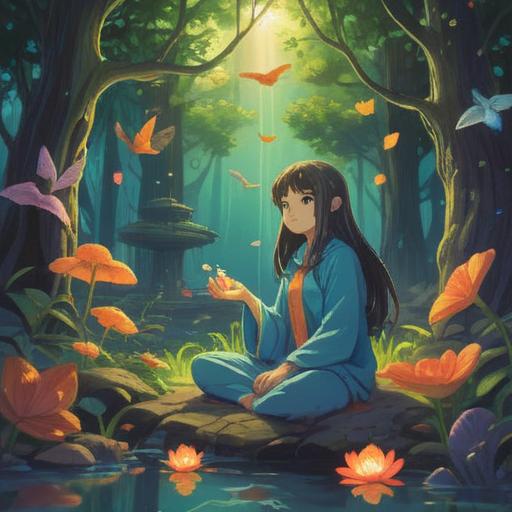 A mystical scene depicting spiritual guidance, soothing colors, ethereal light, a serene figure meditating, surrounded by floating symbols of hope and growth, nature flourishing, tranquil environment, signs of optimism, harmonious energy flow, 4k