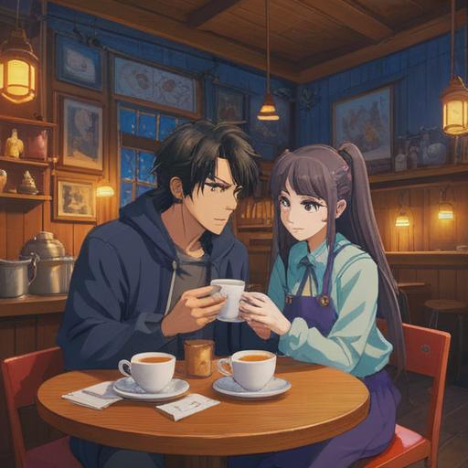 A tranquil and inviting scene at a cozy café, soft lighting, a welcoming atmosphere, a couple enjoying a cup of tea, comforting décor with plants and books, a window showing gentle rain outside, warm tones, serene expression on the characters' faces, conveying a sense of relaxation and healing, 4k