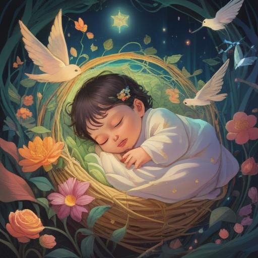 A serene illustration of a newborn baby surrounded by gentle light, symbolic representation of early arrival, ethereal atmosphere, delicate flowers blooming around, soft pastel colors, peaceful expression on the baby's face, spiritual symbols subtly integrated in the background, 4k