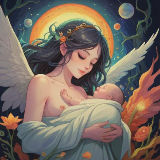 A spiritual illustration depicting the concept of early childbirth as a positive sign, ethereal light surrounding a newborn, gentle hands cradling the baby, symbols of hope and new beginnings, tranquil nature background, soft pastel colors, serene atmosphere, 4k