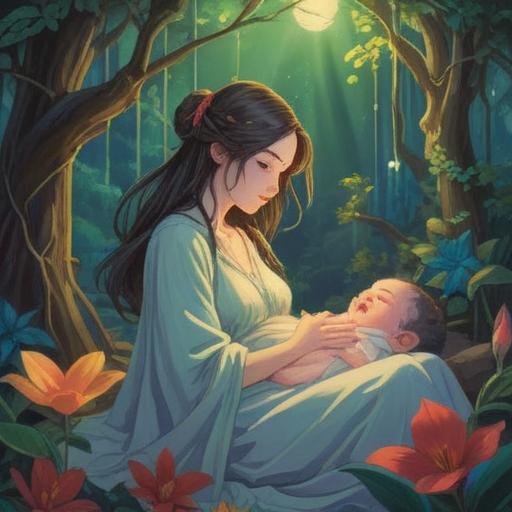 A serene illustration depicting a mother-to-be experiencing early signs of childbirth, subtle ethereal light surrounding her, symbolic elements representing spiritual signs like feathers and butterflies, calming nature background with soft pastel colors, gentle expression of anticipation and mindfulness, 4k