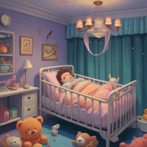 A serene scene featuring a prematurely born baby peacefully sleeping in a cozy hospital crib, surrounded by soft plush toys and gentle pastel colors, a calming atmosphere, warm light filtering through the window, healing elements such as soothing blankets and a mobile with whimsical designs, parents expressing relief and love nearby, evoking a sense of hope and comfort, 4k