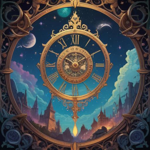 A serene and mystical illustration, depicting a celestial scene with an ethereal clock showing a due date, intricate symbols of spirituality surrounding it, soft luminescent colors, a tranquil atmosphere, delicate details in the background such as stars and cosmic elements, harmonious balance between time and spiritual energy, 4k