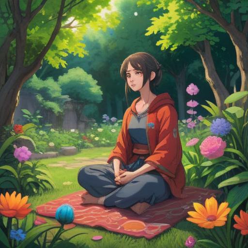 A serene illustration depicting a peaceful meditation scene, a person sitting cross-legged in a tranquil garden, surrounded by blooming flowers and gentle sunlight, harmonious color palette, symbols of luck such as four-leaf clovers and shimmering coins, a calming water fountain in the background, birds softly singing, an aura of positivity and hope, uplifting atmosphere, high-resolution clarity