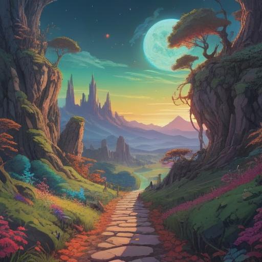 A surreal landscape depicting a winding path with unexpected obstacles, ethereal light illuminating the scene, symbolic representations of change and uncertainty, a serene figure meditating amidst the chaos, nature intertwining with abstract elements, dreamlike atmosphere, harmonious balance between struggle and acceptance, 4k