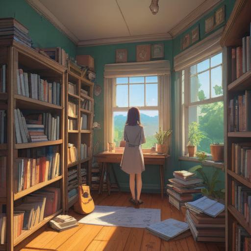 A serene workspace filled with books and notebooks, a person organizing notes and papers, gentle sunlight streaming through a window, a peaceful atmosphere of productivity, cozy and inviting environment, modern yet comforting decor, warm color palette, 4k