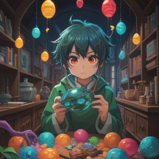 A whimsical illustration of a character discovering an unexpected lucky item, bright and cheerful colors, a variety of unique and magical objects surrounding the character, a sense of surprise and joy, an enchanted setting, dynamic poses, vibrant and playful atmosphere, 4k