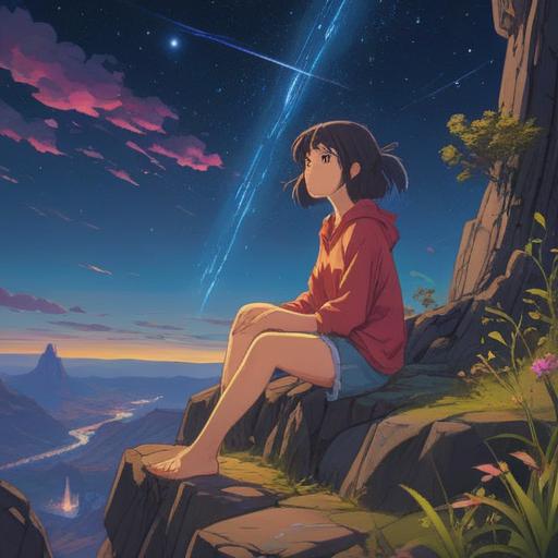 A serene and meditative landscape, featuring a serene figure sitting cross-legged on a cliff, overlooking a vast cosmos, vibrant stars illuminating the night sky, gentle waves crashing below, representing the unpredictability of plans, spiritual awakening and acceptance, ethereal light surrounding the figure, calm and reflective atmosphere, high-resolution