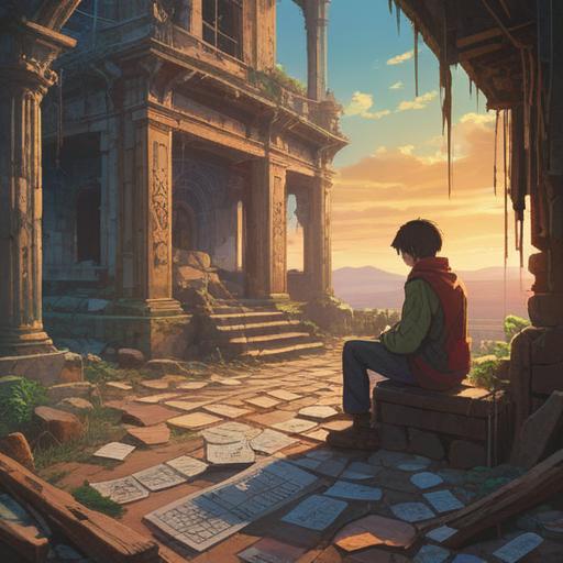 A serene landscape depicting a person looking contemplatively at a ruined calendar, surrounded by symbols of renewal and spiritual growth, soft sunlight filtering through trees, gentle breeze stirring leaves, flowers blooming nearby, ethereal glow, peaceful ambiance, representing a positive shift in life, harmonious balance, 4k