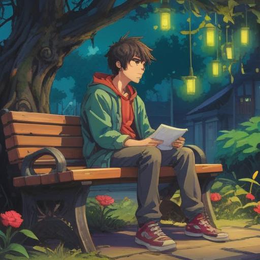 A surreal illustration of a person sitting on a bench, looking puzzled after their plans fell through, surrounded by a whimsical arrangement of lucky items like a four-leaf clover, a horseshoe, and a lucky charm, bright colors, dreamlike atmosphere, playful elements, detailed background featuring a beautiful park setting, 4k