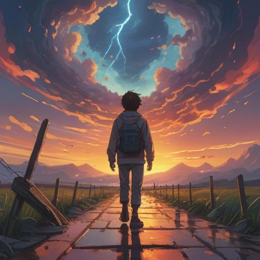 A vibrant scene depicting a sunrise after a storm, broken calendar pages floating in the air, a person stepping forward with determination, surrounded by blooming flowers symbolizing new beginnings, hopeful expressions, bright colors, dynamic composition, 4k