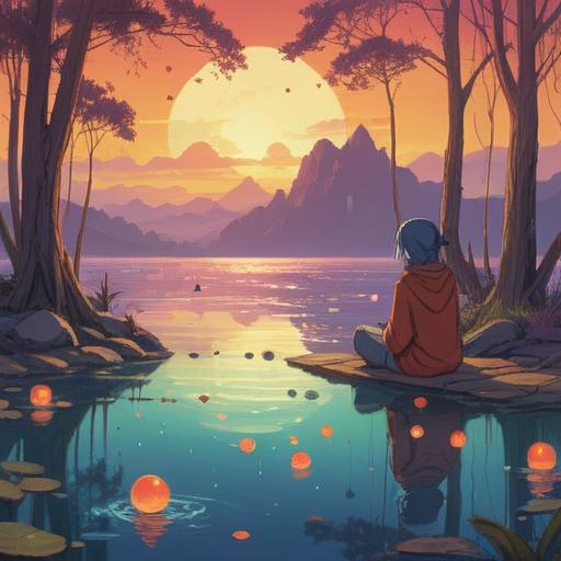A serene illustration of a person reflecting by a calm lake, surrounded by mystical energies, soft glows and orbs symbolizing spiritual awakenings, a peaceful expression on their face, lush trees and gentle ripples in the water, conveying a sense of hope and transformation, warm sunlight filtering through the leaves, harmonious atmosphere, 4k