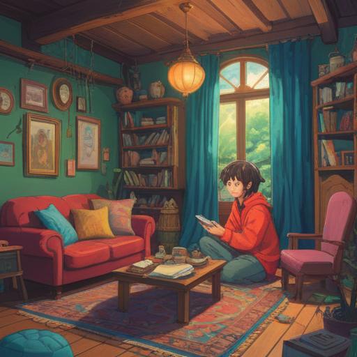 A whimsical illustration of a person cheerfully discovering a lucky item, bright colors, playful details, a cozy room filled with canceled plans, scattered calendars, a vibrant lucky charm glowing softly, an uplifting and hopeful atmosphere, cartoonish style, 4k